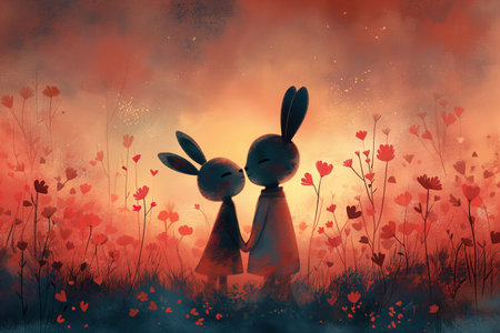 Greeting card on Valentine's Day with a couple of rabbits in love. Generative AI.の素材