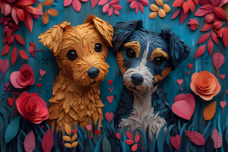 Greeting card on Valentine's Day with a couple of dogs in love. Generative AI.の素材