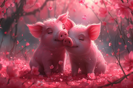Greeting card on Valentine's Day with a couple of pigs in love. Generative AI.の素材