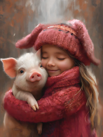 Greeting card on Valentine's Day with a couple of pigs in love. Generative AI.の素材