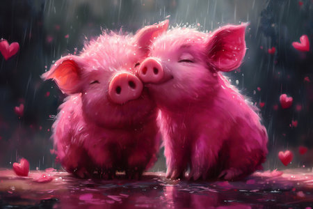 Greeting card on Valentine's Day with a couple of pigs in love. Generative AI.の素材