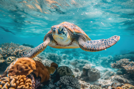 Beautiful big sea turtle. Underwater scene near a coral reef. Generative AI.の素材