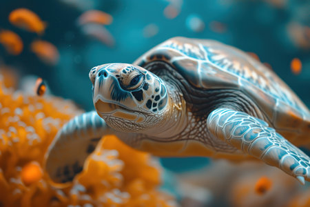 Beautiful big sea turtle. Underwater scene near a coral reef. Generative AI.の素材