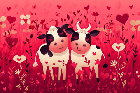 Greeting card on Valentine's Day with a couple of cows in love. Generative AI.の素材