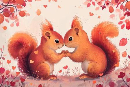 Greeting card on Valentine's Day with a couple of squirrels in love. Generative AI.の素材