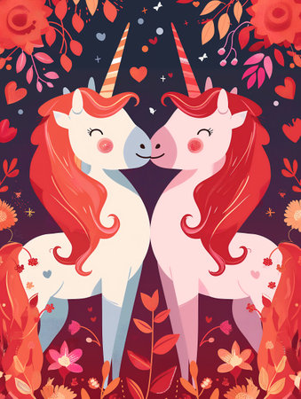 Greeting card on Valentine's Day with a couple of unicorns in love. Generative AI.の素材
