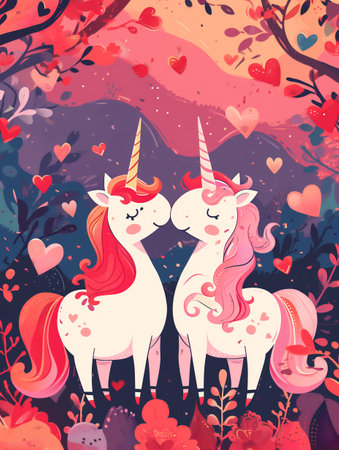 Greeting card on Valentine's Day with a couple of unicorns in love. Generative AI.の素材