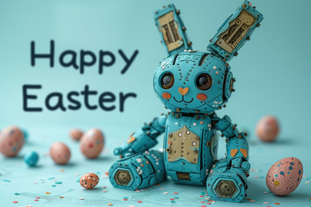 Cute rabbit cyber toy. Template for Easter greeting card. Generative AI.の素材
