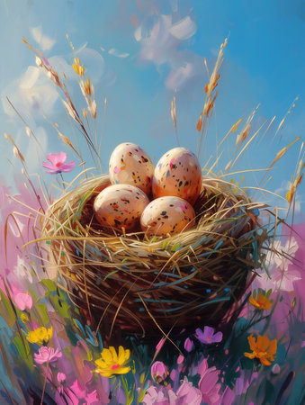 Easter still life. Oil painting in impressionism style. Generative AI.の素材