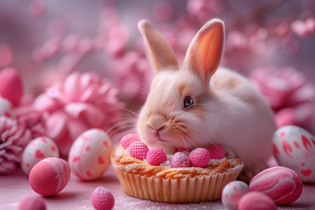 Cute bunny among sweets and cookies. Template for Easter greeting card. Generative AI.の素材