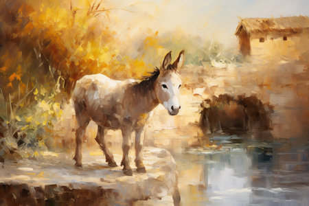 Donkey in a medieval town. Oil painting in impressionism style. Generative AI.の素材
