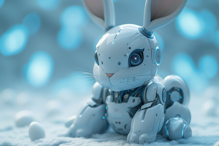 Cute rabbit cyber toy. Template for Easter greeting card. Generative AI.の素材