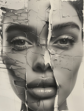 Abstract grunge collage with the face of a beautiful woman. Generative AI.の素材