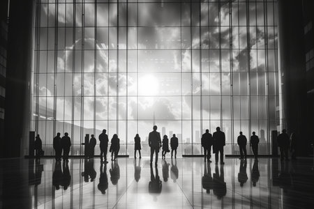 Business concept with silhouettes of people against a city background. Black and white style. Generative AI.の素材