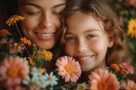 Loving happy mother and her child. Spring holiday background with flowers. Generative AI.の素材