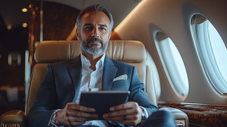 A distinguished businessman sits in a private jet, holding a tablet with a confident gaze, showing a sign of luxury and success.の素材