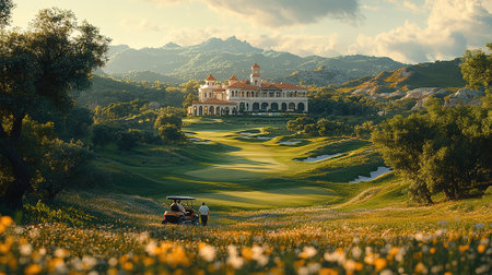 A beautiful golf course and a mansion. The sun is shining on this magnificent landscape with mountains on the background.の素材