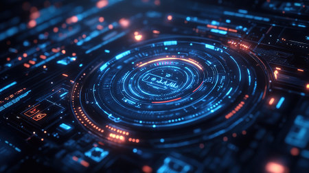 A futuristic digital interface glows with intricate circuits and data streams, offering a glimpse into modern technology and the connected world.の素材
