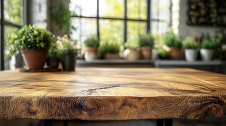 A close-up of a rustic wooden table, in a sunlit room, with potted plants visible in the background.の素材