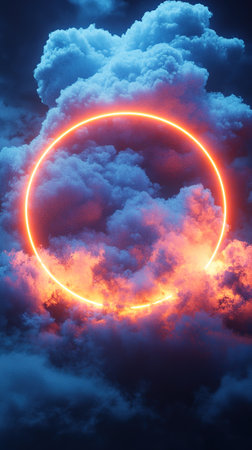 A vibrant composition features an illuminated ring amidst dense clouds, bathed in a blend of fiery orange and cool blue hues.の素材