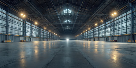 An expansive industrial warehouse interior bathed in ambient lighting, showcasing a vast, empty space ready for various uses and applications.の素材