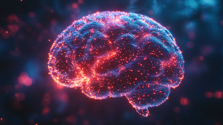A 3D rendering of the human brain, depicted with glowing, interconnected nodes symbolizing neural networks and cognitive function.の素材