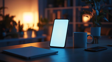 A modern smartphone and coffee cup sit on a desk with a notebook. The warm lighting creates a cozy and intimate setting, perfect for productivity or relaxation.の素材
