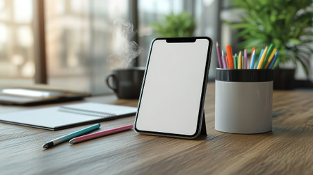 A smartphone with a blank screen sits on a wooden desk alongside pens, a notepad, and a cup of coffee, suggesting a creative workspace.の素材