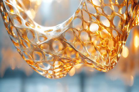 An abstract, golden, web-like structure with an intricate design is captured, showcasing its radiant and luminous qualities with a blurred backdrop.の素材