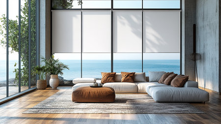 Modern living space showcases ocean views, complemented by neutral tones and contemporary design elements.の素材