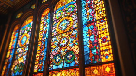 A beautiful stained glass window, featuring intricate designs and vibrant colors, fills the frame, capturing the light from the outside world.の素材