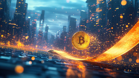 Bitcoin soaring through a futuristic cityscape, representing digital currency's growth and its impact on urban finance.の素材