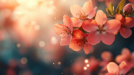 The image depicts vibrant, close-up blossoms in soft pinks and oranges, set against a blurred background, capturing the essence of spring.の素材