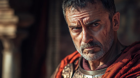A stern, middle-aged Roman soldier stares intently, his expression revealing determination and experience.の素材