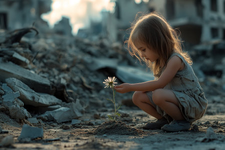 A young girl in a war-torn environment gently observes a flower growing amongst the rubble, representing hope and resilience.の素材