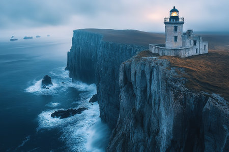 A serene coastal scene featuring a lighthouse atop a cliff, overlooking the ocean with ships on the horizon, under a moody sky.の素材