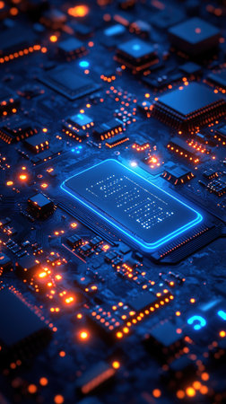 A detailed view of a computer motherboard, showcasing the intricate circuits, glowing components, and technological complexity.の素材