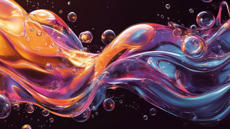 An artistic rendition of flowing colorful water with spherical bubbles floating within. The abstract design is vibrant and dynamic.の素材