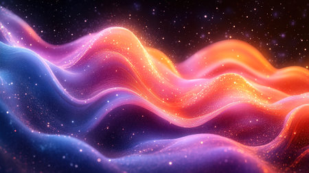A mesmerizing abstract artwork showcasing vibrant waves of color in shades of blue, purple, and orange. Illuminated by sparkling particles, the image creates a dreamy, cosmic aesthetic.の素材