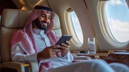 A man wearing traditional attire is using a tablet on a private jet, smiling contentedly. The elegant interior hints at luxury travel.の素材