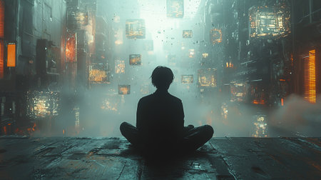 A person meditates in a futuristic environment with floating digital screens and ambient fog.の素材