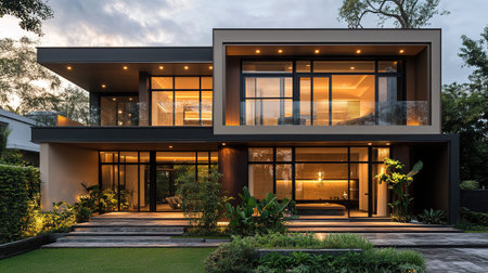A modern luxury house with large glass windows and lush landscaping is shown in this captivating photo.の素材
