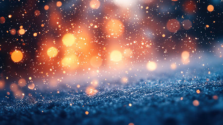 The glittering scene features bokeh lights and small dots of particles over a blue and orange background creating a festive and magical atmosphere.の素材