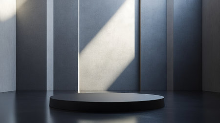 A minimalist black pedestal stands in a contemporary space, illuminated by a dramatic ray of sunlight from above, creating strong shadows.の素材