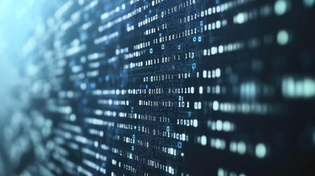 Abstract representation of data streams, binary code, and digital information visualized with glowing elements.の素材