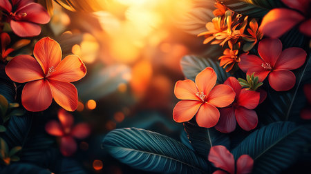 Vibrant hibiscus blossoms bask in the warm glow of the sunlight, creating a tranquil and colorful scene.の素材