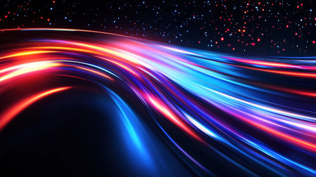Abstract light trails streak across the frame, creating a dynamic and vibrant composition against a black background with a sprinkle of stars.の素材