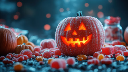 A glowing jack-o'-lantern sits among Halloween candies and gourds, evoking the spirit of the holiday against a dark, atmospheric backdrop.の素材