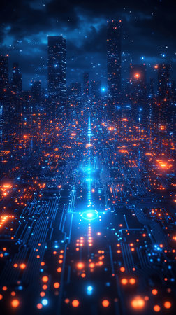 A futuristic cityscape at night, showcasing intricate digital circuitry and glowing lights, representing advanced technology and the modern world.の素材