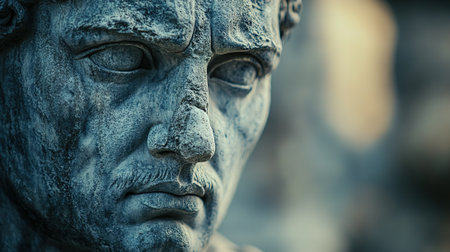 A close-up shot showcases the weathered face of an ancient stone sculpture, conveying a sense of history and artistry in every detail.の素材